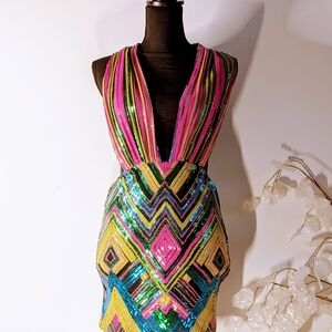 Colorful Sequin V-Neck Backless Dress